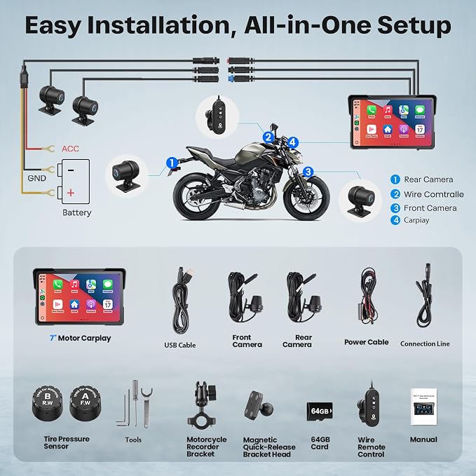 Motorcycle CarPlay Screen with Android Auto – 7” Waterproof GPS, Pantalla para Moto, Apple CarPlay, Navigation System for Motorcycle, Dual 2K Dash Cam Bluetooth Audio,64GB&TPMS with Magnetic