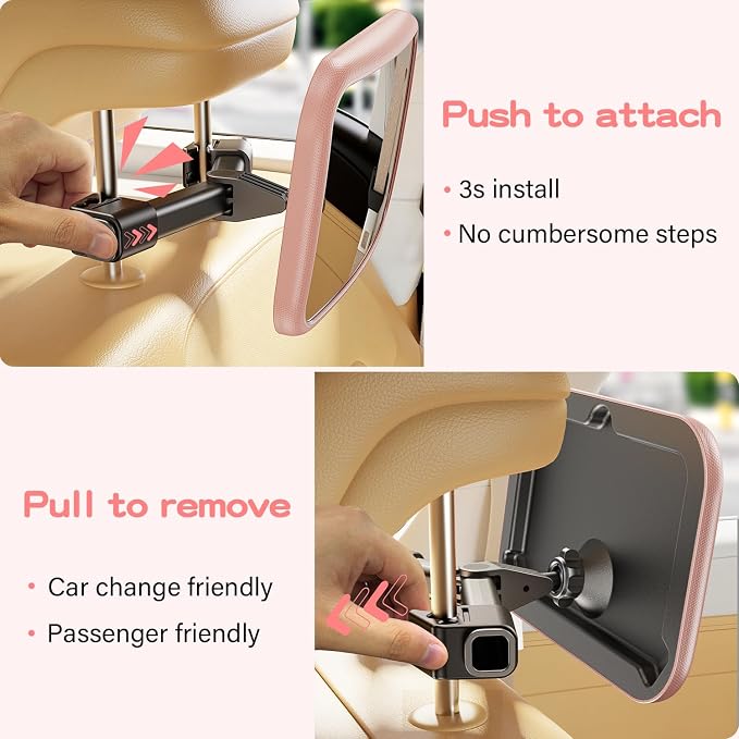 Baby Car Mirror with Stable Hook Clip, Never Falls or Shakes, Rear Facing Car Seat Mirror for Baby Newborn Essentials, Easy Install, Shatterproof & Crash Tested, Pink