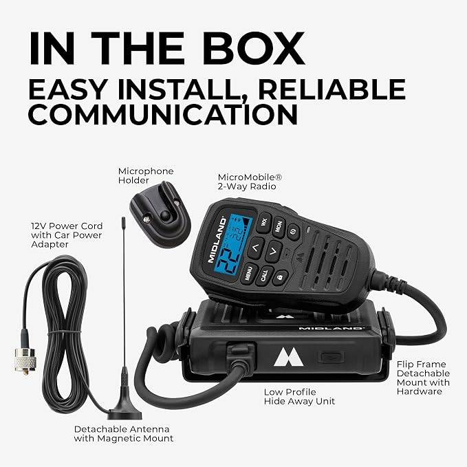 Midland - MXT275 MicroMobile GMRS Radio - 15 watts Two-Way Radio with Integrated Control Microphone - Overland Caravanning Tractors - Detachable External Magnetic Mount Antenna - 8 Repeater Channels