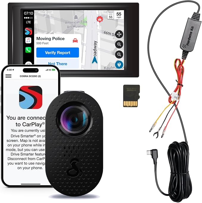 Cobra SC 120 Dash Cam + Cobra 2.5A Micro USB Adapter Hardwire Kit