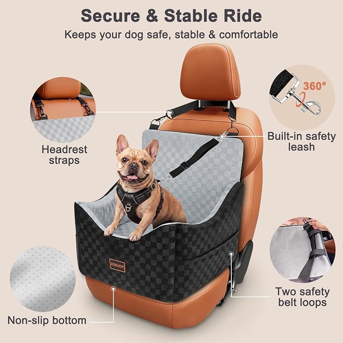 Elevated Dog Car Seat for Small/Medium Dogs up to 35 lbs, Memory Foam Booster Seat with Detachable Washable Cover, Travel-Safe Car Bed with Safety Belts & Storage Pockets, Grey