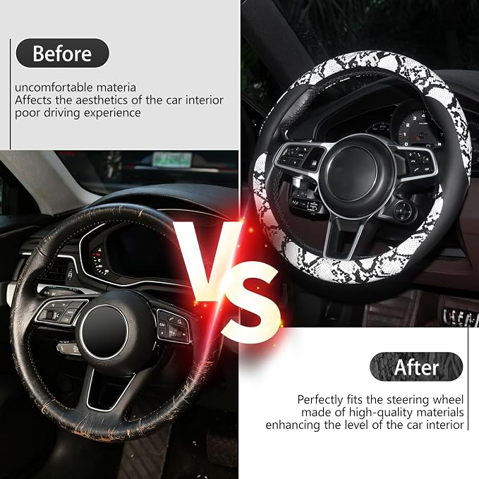 Snake Skin Steering Wheel Cover Leather 14.5-15 Inch, Reversible Car Steering Wheel Cover for Women Men, Anti-Slip Design, Universal Fit for Cars, SUVs, Black&White