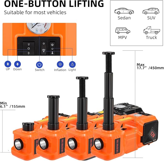 5 Ton 12V Electric Car Jack Hydraulic, 5-in-1 Portable Car Jack with Tire Inflator & Impact Wrench, LED Light Auto Stop Safety Lock for SUV MPV, Garage & Roadside Emergency Use