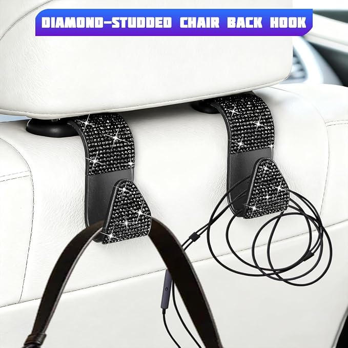 Bling Car Seat Headrest Hooks, 4PCS Crystal Rhinestone Vehicle Back Seat Hanger Holder for Handbags Purses Coats, Automotive Headrest Storage Organizer, Universal for RV SUV Truck (Black)