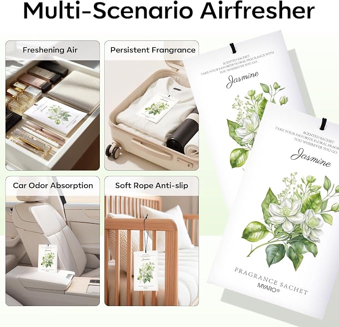 12 Pack Jasmine Scented Sachets for Drawer, Closet & Small Spaces Air Freshener Bags, Odor Eliminator for Car, Shoes, Bathroom Home Fragrance Gift Set