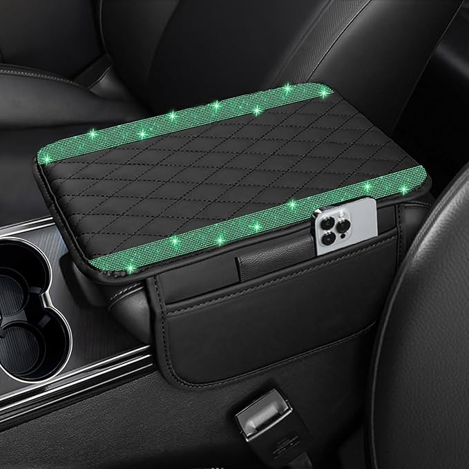 Bling Car Center Console Cover, Leather Car Arm Rest Cover Cushion with 2 Storage Bags, Universal Auto Armrest Protector Storage Box, Bling Accessories Interior for Most Vehicles (Green)