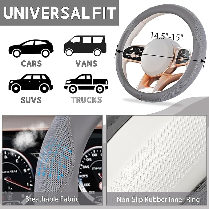 6 PCS Nappa Microfiber Leather Grey Steering Wheel Cover Set, Breathable Fabric Steering Wheel Cover 14.5-15inch Universal, Car Center Console Cover, Seat Belt Cushion, Cup Holder Coaster