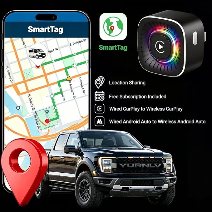 Wireless CarPlay Adapter & GPS Tracker, 2-in-1 Mini USB Dongle with Fast Auto Reconnect CarPlay Wireless Adapter, Plug and Play for OEM Factory Wired CarPlay Vehicles