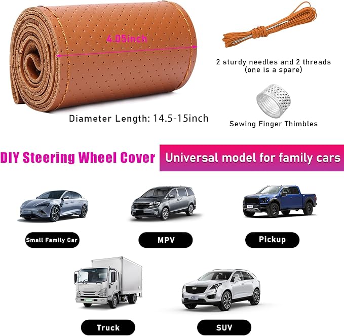 Genuine Leather Steering Wheel Cover, Stitch on Wrap, Breathable Anti-Slip Car Steering Wheel Protector for Max Diameter 15 Inch, DIY Sewing with Needles Thread (Brown, Hole)