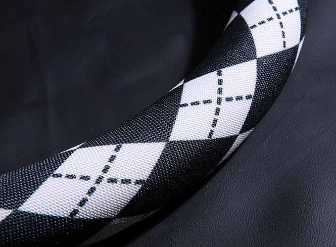 Lattice Car Steering Wheel Cover Microfiber Leather Non-Slip Comfort Universal 15 inch Checkered Plaid Wheel Protector for Truck, SUV, Cars (Black)