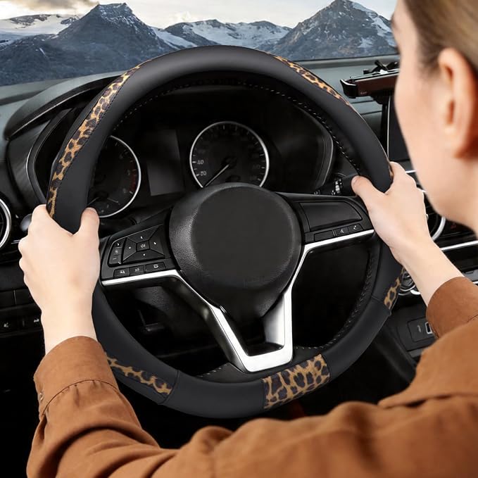 Leopard Print Steering Wheel Cover, D Shaped Car Wheel Cover Microfiber Leather 14 1/2-15 in (37-39 cm)