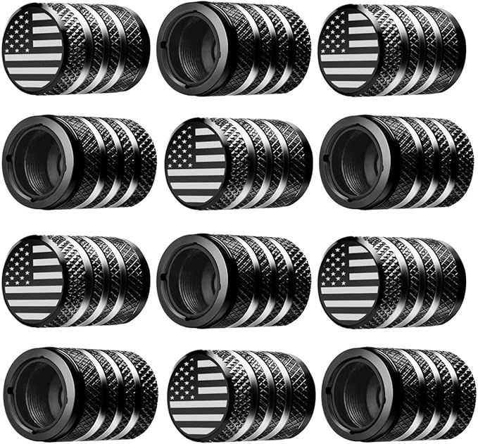 Tire Valve Stem Cap Cover - (12 Pack) Tire Air Cap Metal with Plastic Liner Corrosion Resistant Leak-Proof American Flag for Car Truck Motorcycle Bike Black