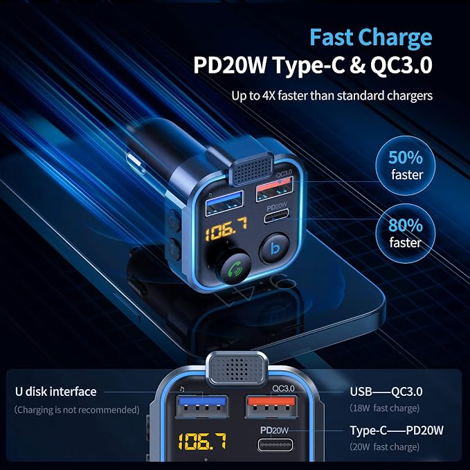 Bluetooth 5.3 FM Transmitter for Car, [PD 20W + QC 3.0] [Stronger Microphone & HiFi Bass Sound] Cigarette Lighter Radio Music Adapter Charger, Supports Hands-Free Siri Google Assistant