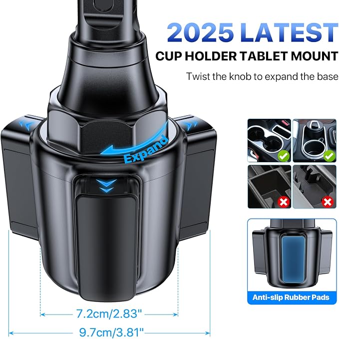 Cup Holder Tablet Mount for Car, [2025 Latest Upgraded] Adjustable Long Neck Car Tablet Holder Friendly Compatible with iPad, Pro, Air, Mini Samsung Galaxy Tab, All 6.1-12.9" Tab