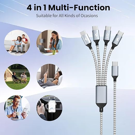 USB C Multi Charging Cable, Dual Type C Cable 1Pack 5FT, USB C Splitter with 4 Type-C Connectors,4 in 1 Multiple Nylon Braided Cable Compatible with iPhone 15 Pro Max/Galaxy/Tablets/Google.