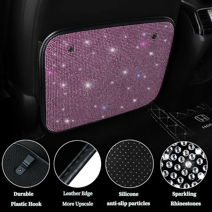 Luster Crystal Car Seat Back Protectors Automobile Kick Mats with Sparkling Rhinestones, Bling Bling Diamond Auto Seat Back Kick Protectors Interior Accessories Universal Fit Pink 2Pcs