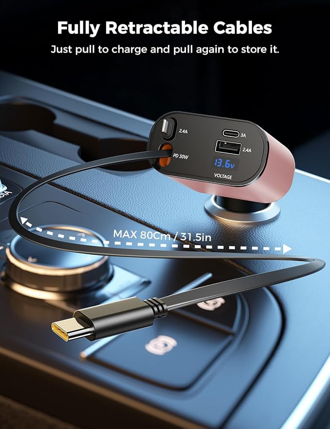 【Upgraded】 Retractable Car Charger 4 in 1, Fast Car Phone Charger with Cord 2.6ft, USB C Car Charger Adapter, Compatible with iPhone 17/16/15/15 Pro Max/14/13/12/11, Galaxy, Pixel