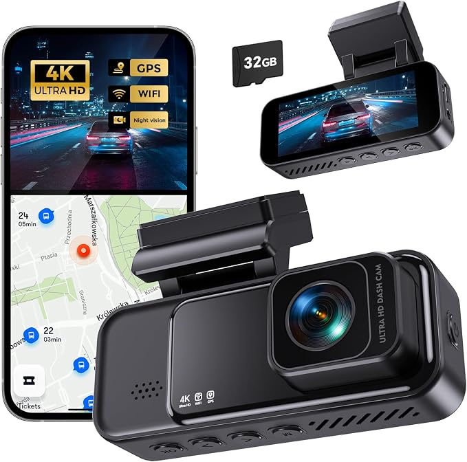 COOLCRAZY 4K Dash Cam Front, Built-in WiFi GPS, Dash Camera for Cars, 3.2" IPS Screen Dashcam with App Control, Free 32G Card, 170°Wide Angle, 24H Parking Mode, WDR, Night Vision, G-Sensor