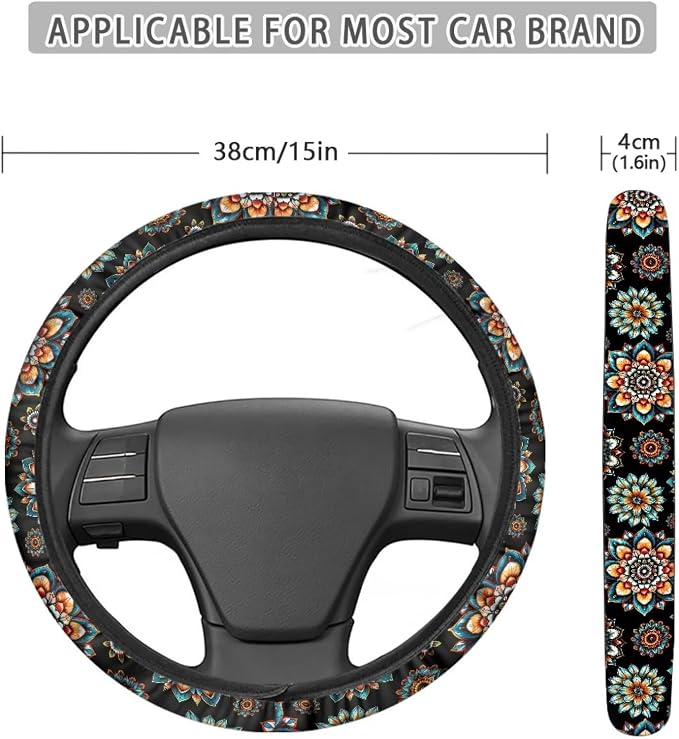 Bohemia Flower Steering Wheel Covers 14-15" inch Universal Fit Most Car Sedans SUVs Comfort Grip Comfortable Handmade Breathable Steering Wheel Protector