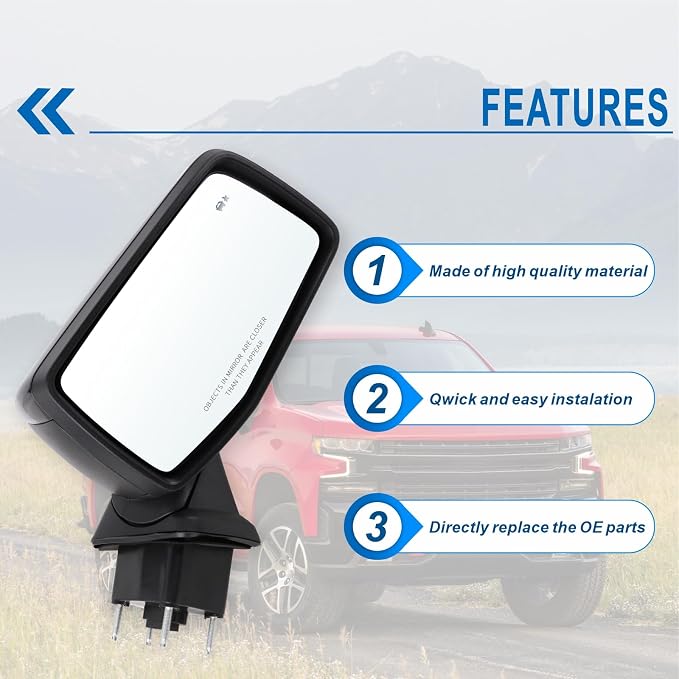 Right Passenger Side Mirror Compatible With 2019-2025 Chevy Silverado 1500 With Power Folding Heated Turn Signal Puddle Lights Memory Temperature Sensor Blind Spot Black Replace#84898868(16Pins)