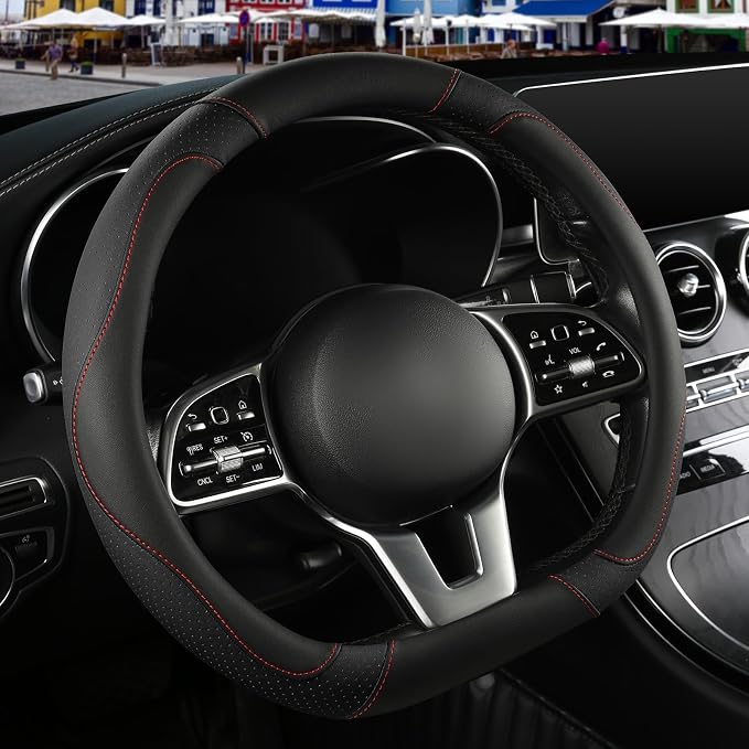 Black Microfiber Leather D Shaped Steering Wheel Cover | Breathable Anti Slip Grip Cool Sporty Look Glow for Women Men