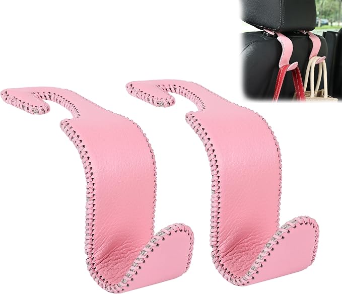 Car Seat Headrest Hook Universal Vehicle Storage Hanger Leather with Metal Car Seat Back Organizer for Handbag Purse Coat Pink 2 Pack