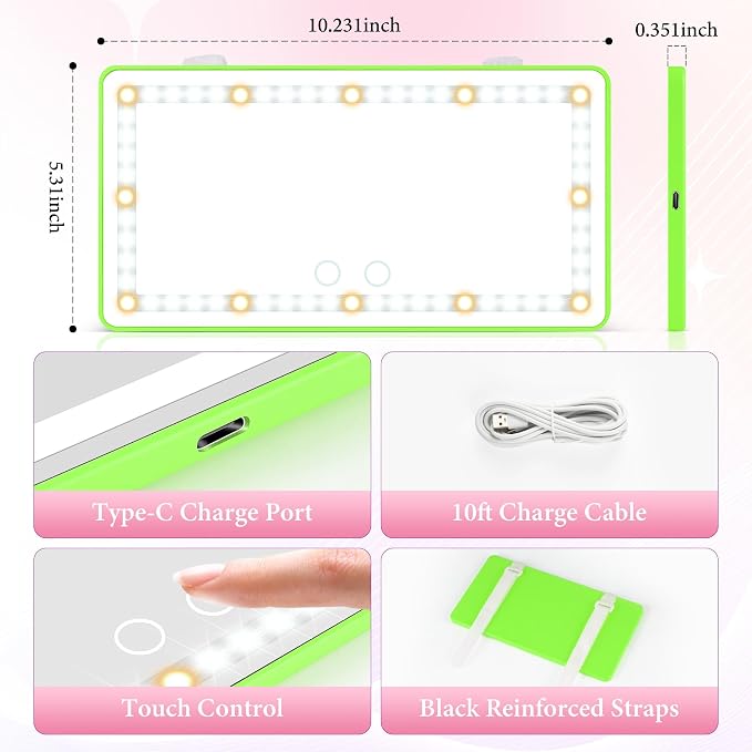 Car Sun Visor Vanity Mirror - Rechargeable Makeup Mirror with 60 LEDs, 3 Light Modes & Dimmable Touch Control for Cars, Trucks, SUVs, Car Interior Accessories for Women (Green)