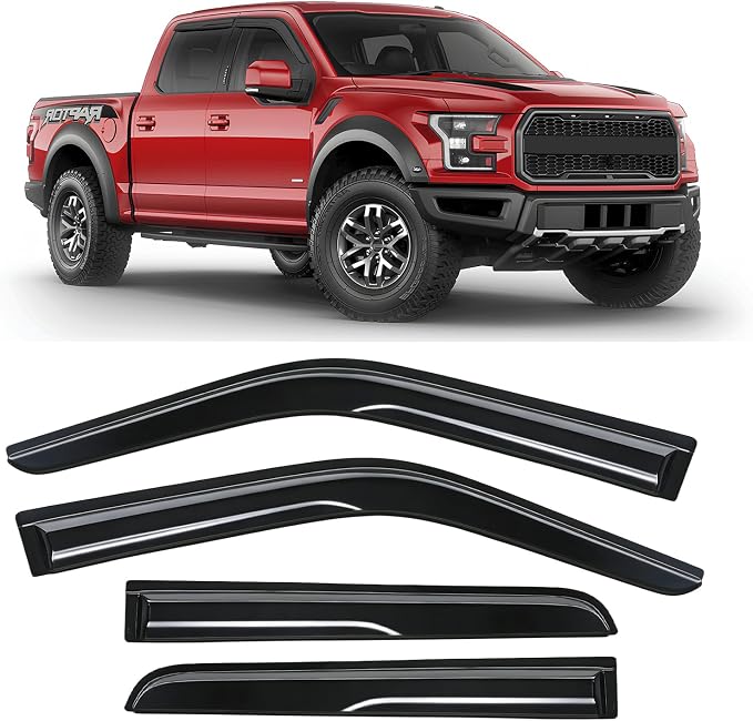 Rain Guards Fit for Ford F-150 SUPERCREW CAB 2015 2016 2017 2018 2019 2020 2021 2022 2023 2024 2025 2026, Tape-on Durable Side Window Sun Wind Deflectors 2015-2026 F150 Rain Guard Black 4 PCS