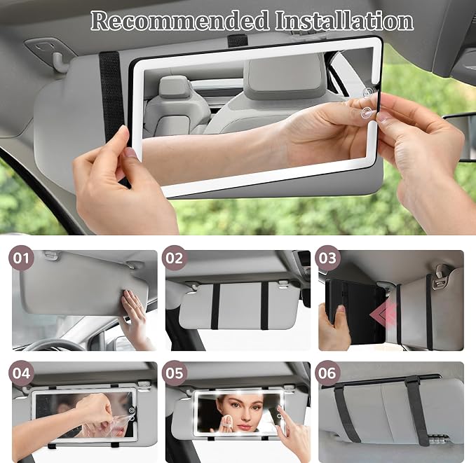 Car Visor Vanity Mirror with Light, Rechargeable Dimmable Touch LED Sun Visor Mirrors, Large Detachable Vanity Makeup Mirror with 3 Color Modes for Truck SUV Car Accessories Essential for Women(Black)