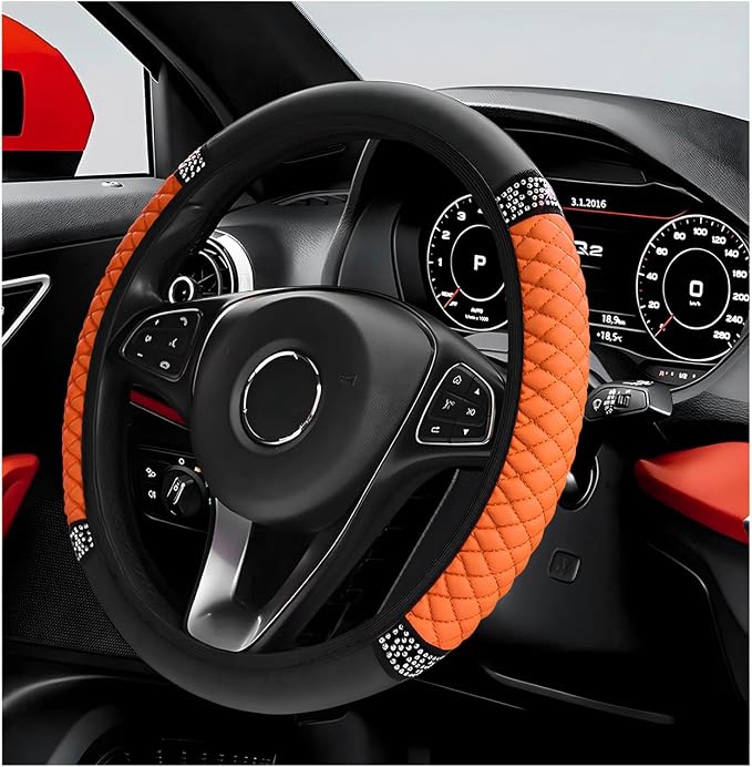Bling Car Steering Wheel Cover, 15 Inch Sparkly Rhinestone Soft Leather Steering Wheel Protector, Non-Slip Universal Auto Elastic Steering Wheel Covers for Women Girls (Orange)