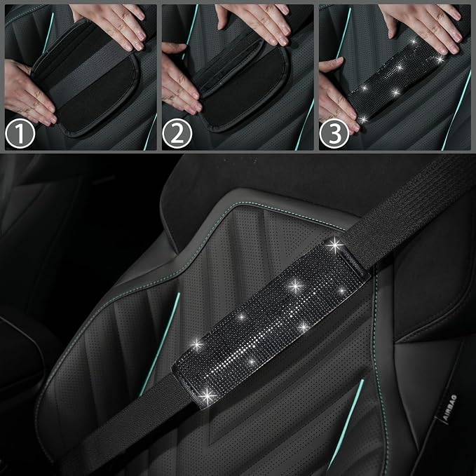 12 Pcs Bling Car Accessories Set for Women Car Floor Mats Full Set Steering Wheel Cover Seat Belt Covers Coasters Universal Fit Car SUV Truck Van Black