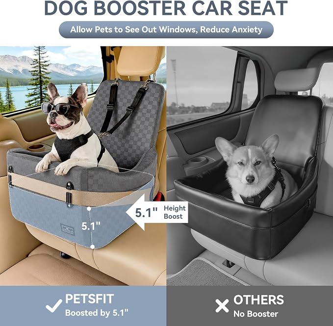 Dog Car Seat for Small/Medium Dogs Up to 35 lbs – Patented Safety System, 5" Memory Foam Pet Booster Car Seat, Fully Detachable and Washable Dog Carseat with 2 Storage Pockets (Grey)