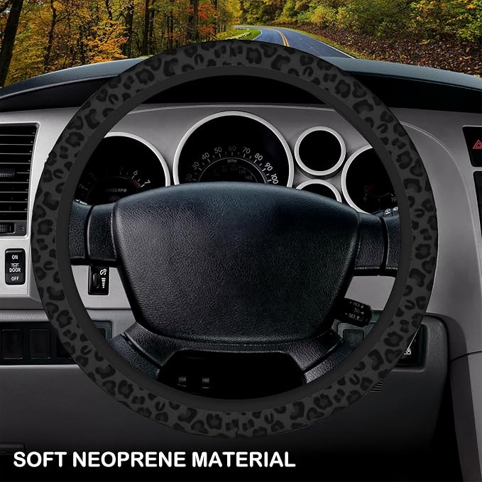 KARREAL Black Leopard Print Cheetah Elastic Steering Wheel Cover, Non-slip Breathable Neoprene Steering Wheel Covers, Women Leopard Car Accessories, Universal 15 Inch Fit Auto, Suvs, Truck