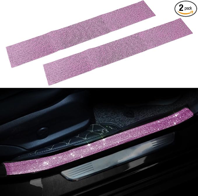 2PCS Car Door Edge Entry Guard, Bling Rhinestone Car Anti-Collision Adhesive Sticker Strip, Door Sill Strip for Rear Bumper Car SUV, Threshold Protective Stickers for Women (Pink)