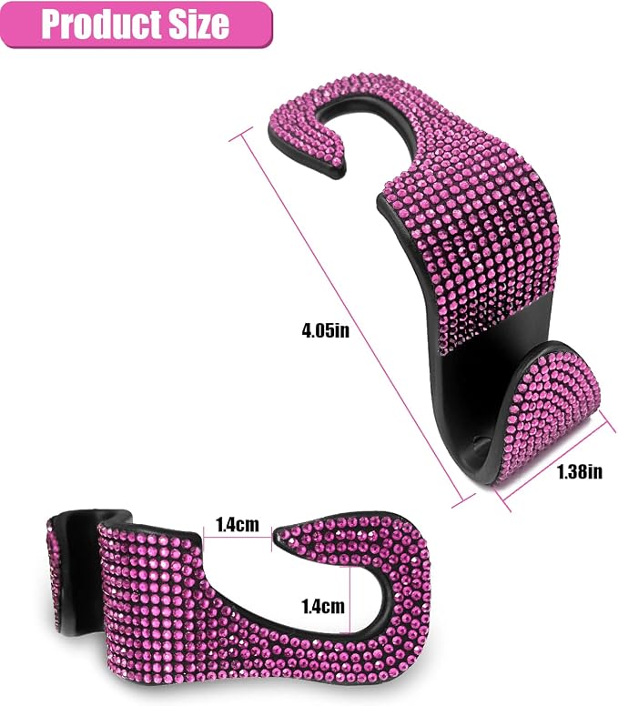 2PCS Car Seat Hooks, Bling Car Rhinestone Headrest Hooks, Universal Bling Car Interior Accessories, for Handbag, Clothes, Purse, Water Bottle (Pink)
