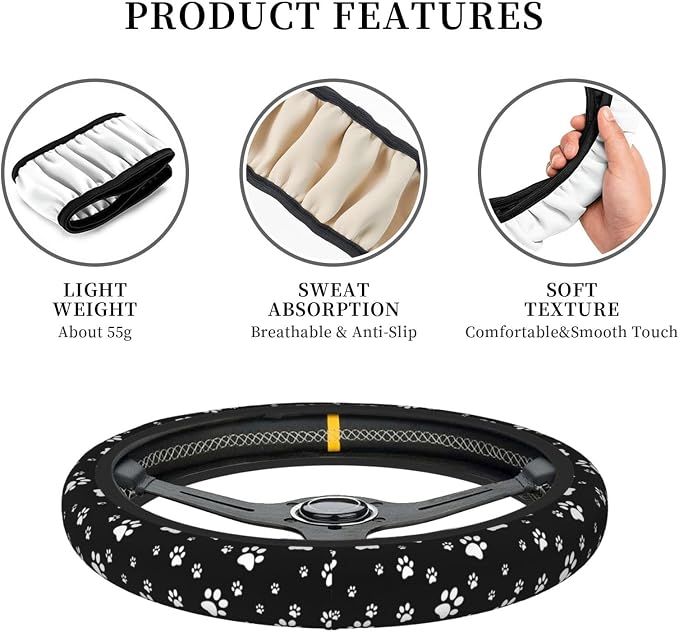 Kawaii Paws Elastic Steering Wheel Cover Non-Slip Breathable Steering Wheel Protector Fit Auto, SUVs, Truck
