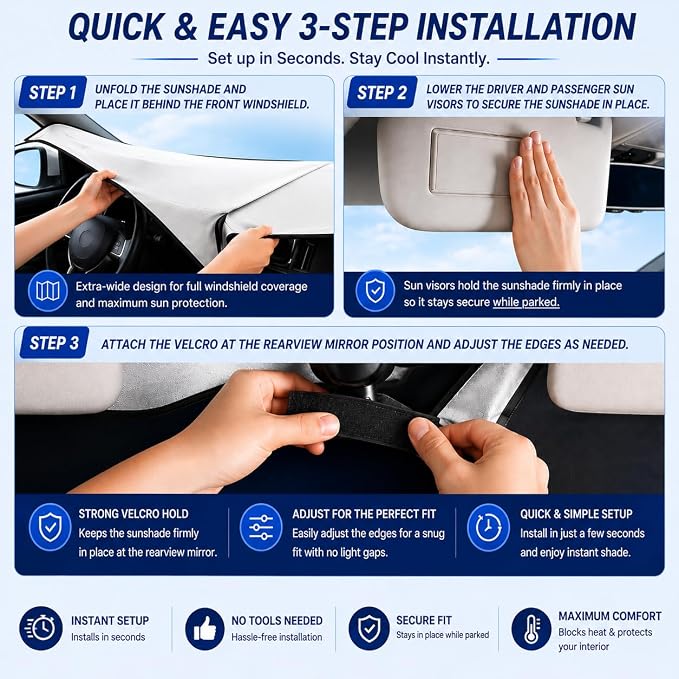 [2026 Upgrade] RevLux Car Windshield Sun Shade | Keeps Car Cooler, Sun & Heat Protection | Double Thickened Ice-Core Cooling Fabric | Zero Light Leakage | Foldable Sunshade (SUV/Truck - 59"x33")