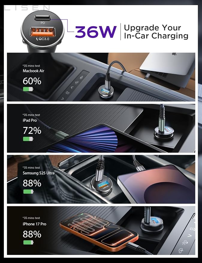 Car Charger USB C, 69W Cigarette Lighter USB Charger Adapter, Car Accessories Gifts for Men, Mini USBC Cars Fast Charging Adapter USBC Type C 12V Plug Outlet, for iPhone 17 Pro Max 16 15 14 13