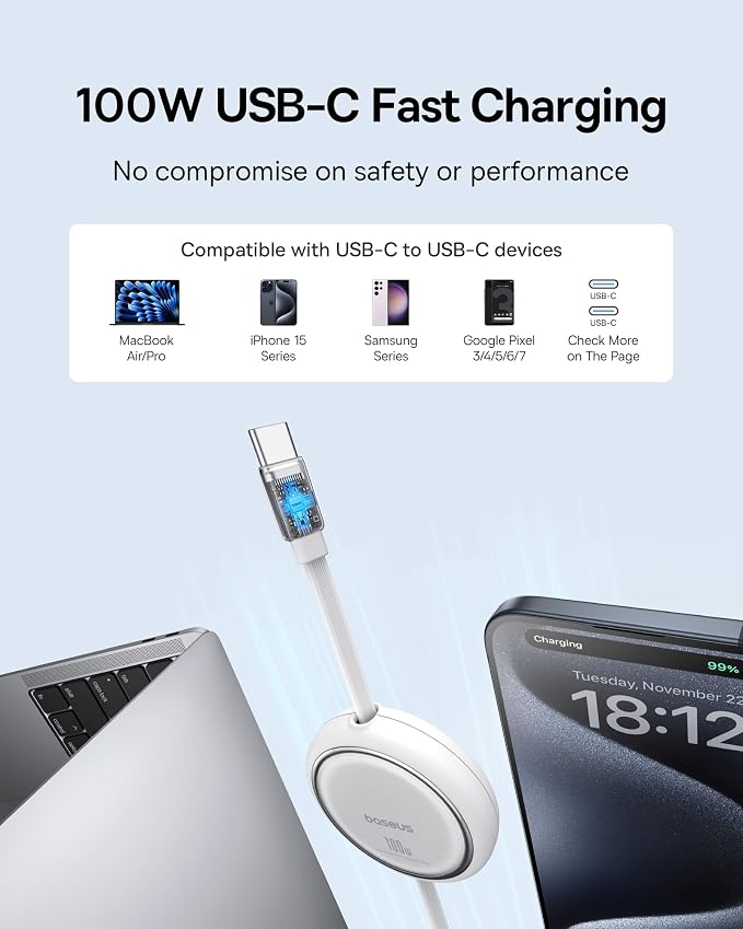 USB C to USB C Cable, 100W Retractable USB C 5A Fast Charging Cable, 4-Stage Length Preset USB Type C Charger Cord for iPhone 16 15 Pro Plus Pro Max, MacBook, iPad, Samsung S24/S23+ (3.3ft)