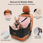 Elevated Dog Car Seat for Small/Medium Dogs up to 35 lbs, Memory Foam Booster Seat with Detachable Washable Cover, Travel-Safe Car Bed with Safety Belts & Storage Pockets, Pink