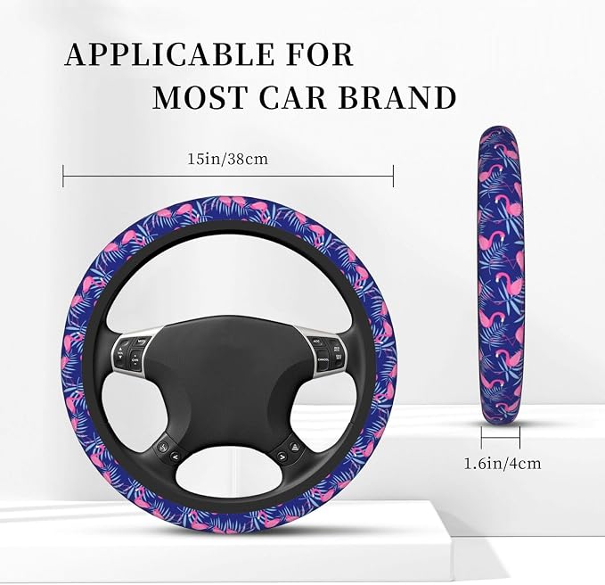 Flamingo Car Steering Wheel Cover Anti-Slip and Practical 14.5-15 Inch Universal Purple car Accessories with 2 Pieces Car Coasters Suitable for Men Women
