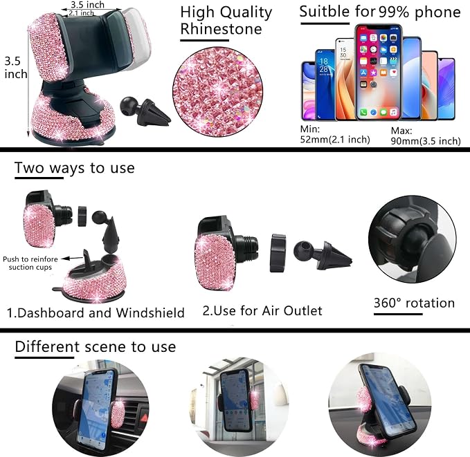 27-Piece Bling Car Accessories Set - Universal Fit Steering Wheel Covers, License Plate Frames, Phone Holder, Car Fast Charger, Coasters (Pink)