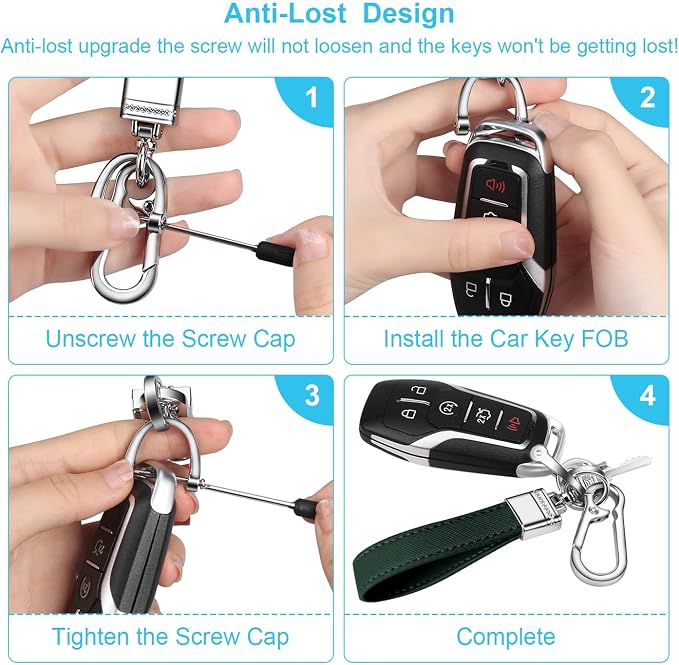 Genuine Leather Car Keychain,Universal Heavy Duty Metal Key Chain Accessories,Car Fob Key Keychain Holder with 360 Degree Rotatable Snap Swivel and Anti-Lost D-Ring for Men Women(Dark Green)