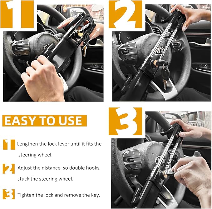 Steering Wheel Lock for car Universal Adjustable Length Anti-Theft Device Car Locks Double Hook Locks for Car SUV Pickup Truck Van(Black)