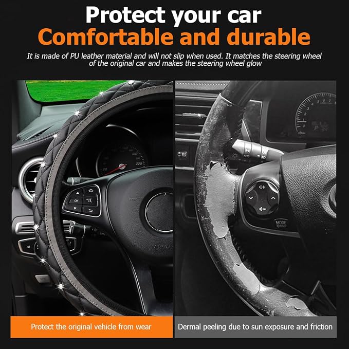 Bling Car Steering Wheel Cover, Non-Slip Elastic Stretch Leather Auto Steering Wheel Protector, Sparkling Diamond Vehicle Decor Accessories for Women Girls, Universal for Vehicles (Gray)