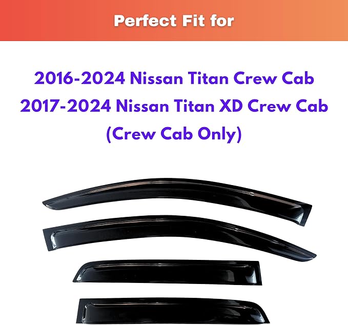 KPY Rain Guards Fit for 2016-2024 Nissan Titan Crew Cab, Out-Channel Window Visors Vent Wind Deflectors 4PC, Truck Accessories for 2017-2024 Nissan Titan XD Crew Cab (Full-Size Cabs)