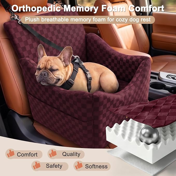 Elevated Dog Car Seat for Small/Medium Dogs up to 36 lbs, Memory Foam Booster Seat with Detachable Washable Cover, Travel-Safe Car Bed with Safety Belts & Storage Pockets, Red