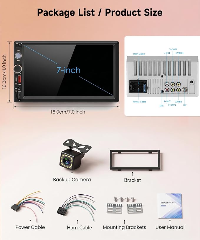 7 Inch Double Din Car Stereo, Wireless CarPlay Android Auto, 2 Din Touch Screen Radio, Bluetooth Stereo, AHD Backup Camera, Mirror Link, FM EQ SWC, Type-C USB Fast Charging, Online Video Playback