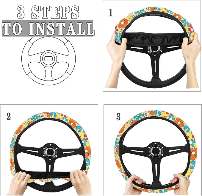 Groovy Hippie Flower Pattern Car Steering Wheel Cover with a Diameter of 15" Sports Style Auto Wheel Cover Vehicle Wheel Protector Steering Wheels Accessories for Car SUV Van Truck