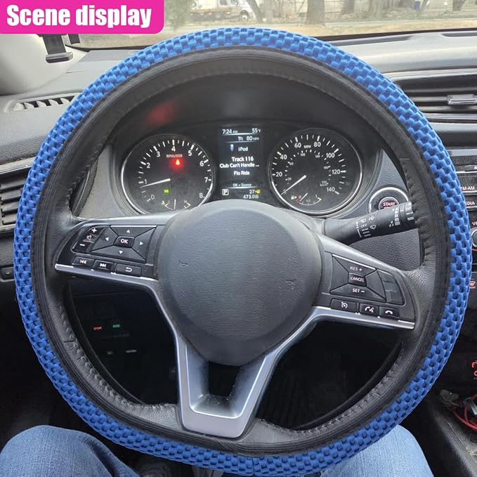 Elastic Stretch Steering Wheel Cover, Anti-Slip, 15inch, Blue | Microfiber Odorless Breathable Ice Silk Car Steering Wheel Protector, Easy Carry, Warm in Winter & Cool in Summer
